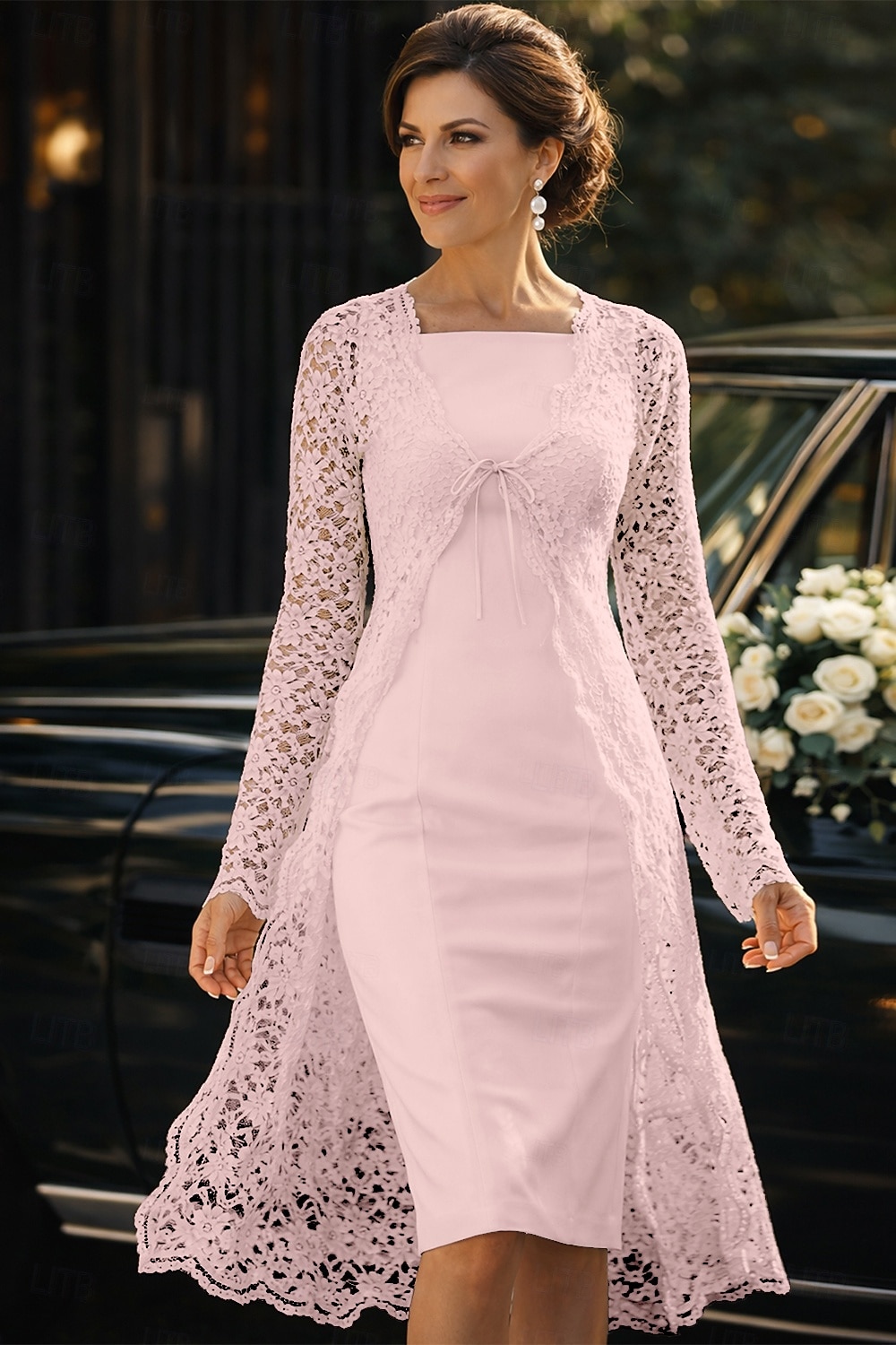 Todelt Linjeform Knelengde Gjestekjole til bryllup Kjole til brudens mor Ermeløs Firkantet hals Elegant Bryllupsgjest Bryllupsfest Kirke Chiffon Blonder Jakke kjoler med Ensfarget 2026 - $160.99 –P9