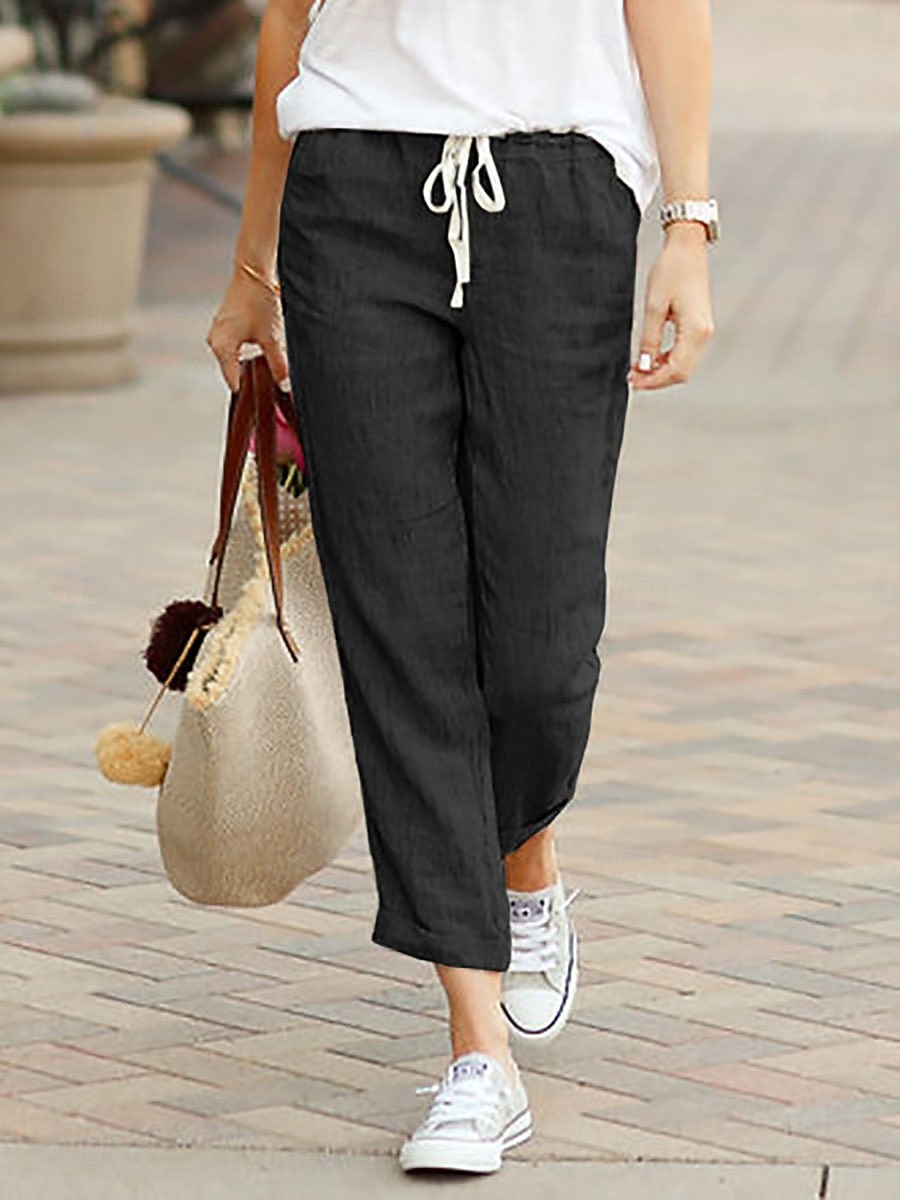Women's Faux Cotton Linen Chinos Summer Pants Vacation Streetwear Basic Ankle-Length Medium Waist Plain Drawstring Pocket Comfy Breathable Inelastic Daily Outdoor Streetwear Blue Black Green 2026 - $16.49 –P5