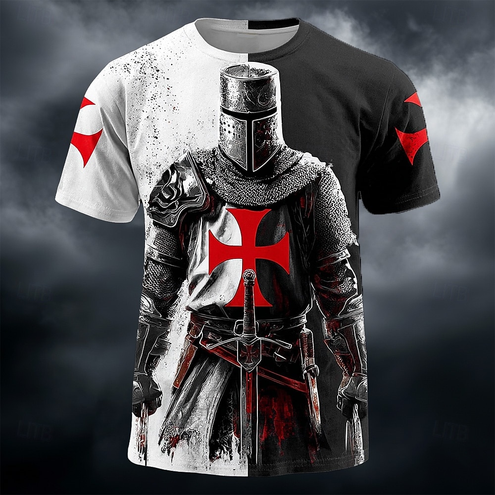 Pánské Křižáci Rytíři Templáři Středověké Brnění T-Shirt Celoplošný Tisk Červený Kříž Rozdělený Černá Bílá Válečník Grafika Krátký Rukáv Hrdlo S Crew Retro Top Designér Oblečení 2026 - $21.99 –P1