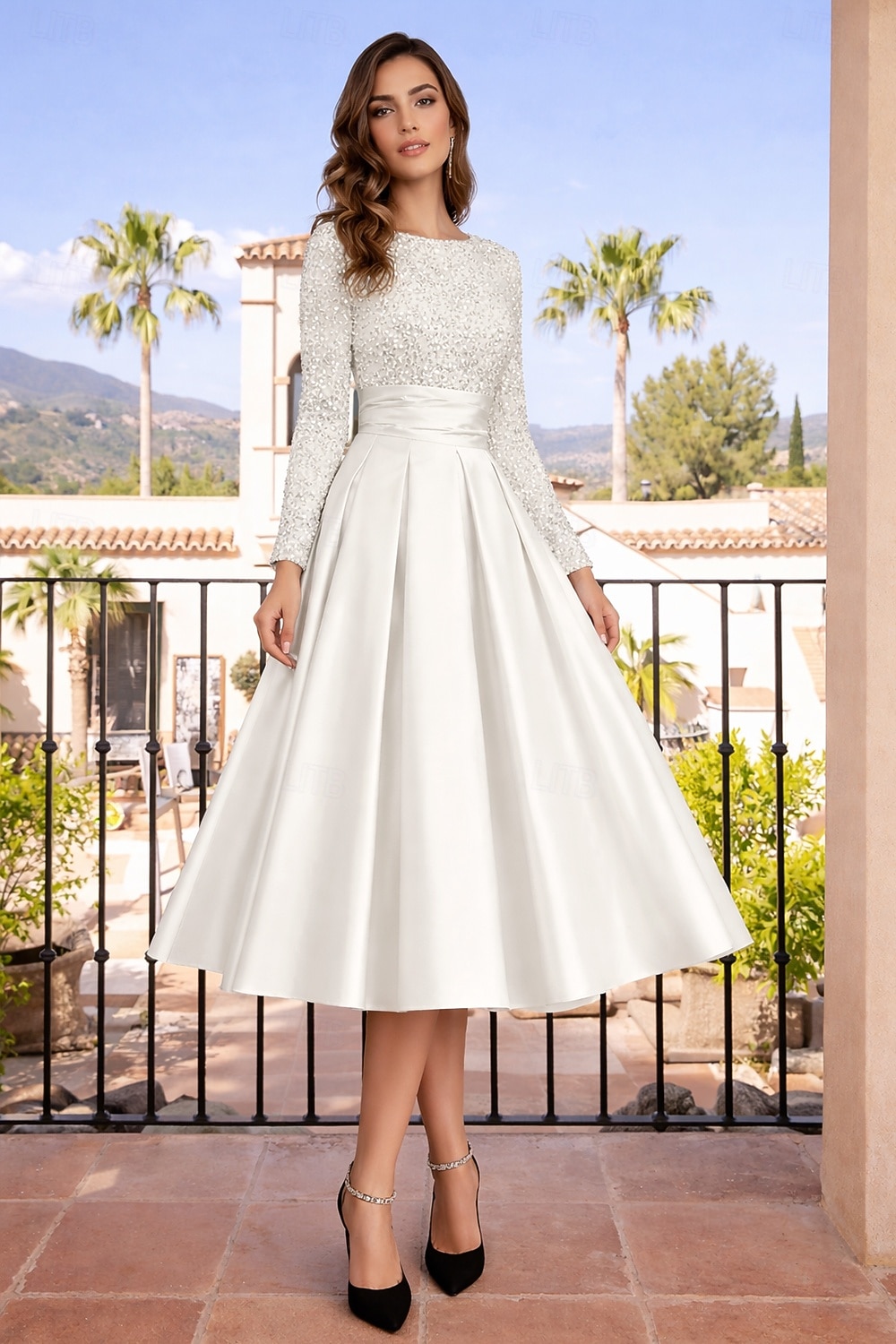 Linea ad A Lunghezza Tè Abiti da Cocktail Abiti da festa Elegante Brillanti Manica Lunga Girocollo Natale Ospite di nozze Raso Velluto con Pieghe Paillettes del 2026 a $126.99 –P6