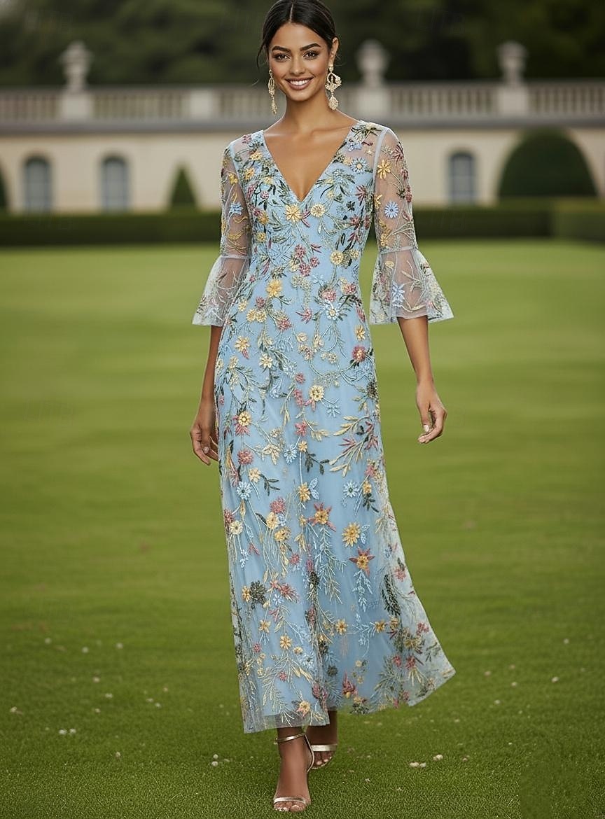 Linea ad A Abito Lunghezza al pavimento Abito in Pizzo Vestito da Festa Abito da Cocktail Abito da cerimonia per signora Mezza Manica Scollo a V Elegante Vintage Lussuoso Formale Ospite di nozze del 2026 a $171.99 –P2