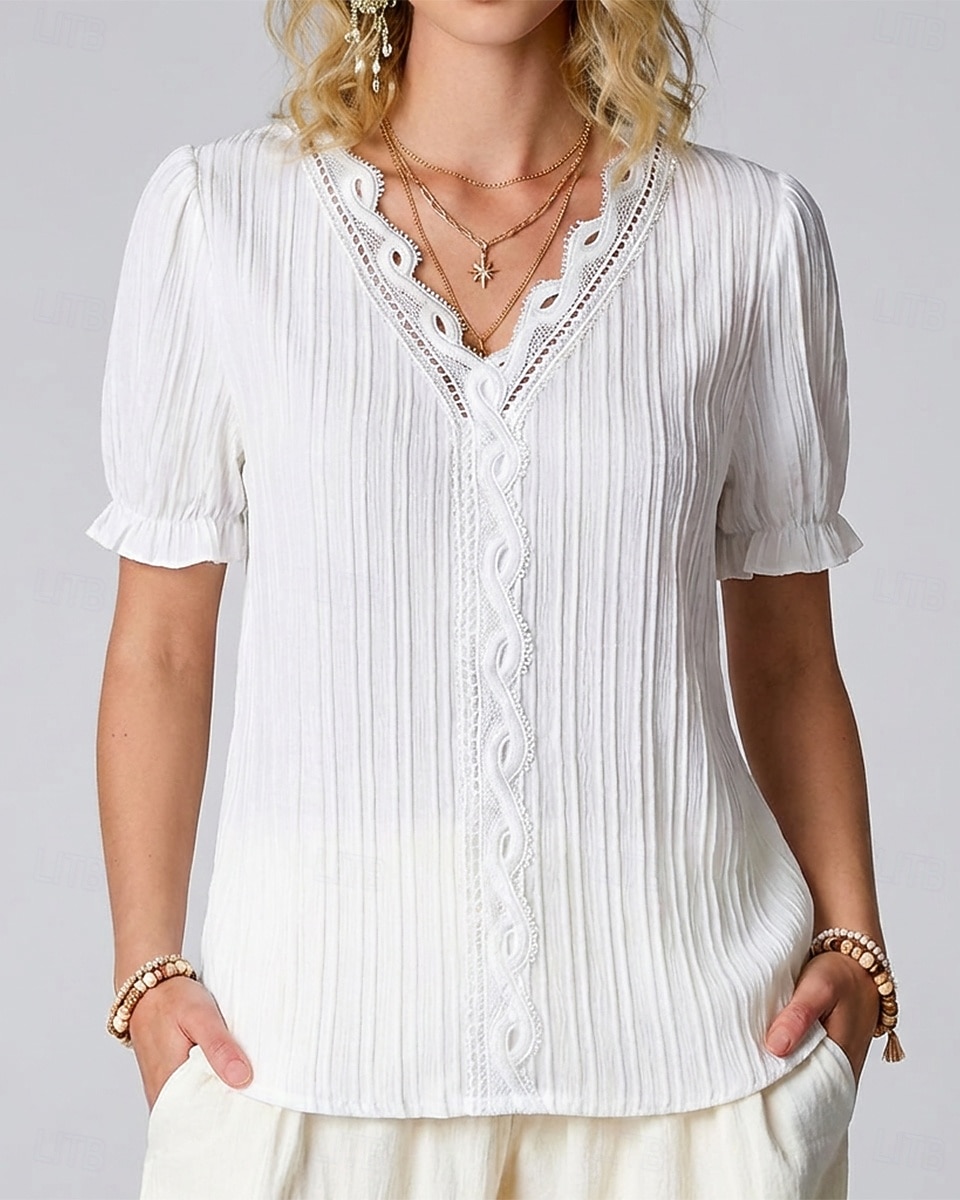 Women's T Shirt Lace Splicing Top Tee Top Lace Patchwork Plain Fashion Stylish Classic Short Sleeve V Neck Regular Tops Daily Going out Weekend Black White Yellow Purple Fuchsia Summer Spring 2026 - $17.49 –P3