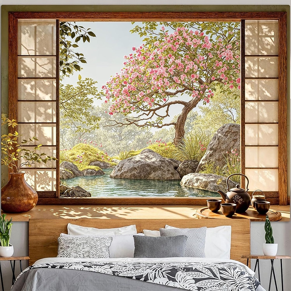 3D Zen Garden Window View Wall Tapestry Cherry Blossoms Sakura Pond Rocks Shoji Screen Tea Set Home Decor Living Room Bedroom Backdrop Office Mural Art 2026 - $19.99 –P3