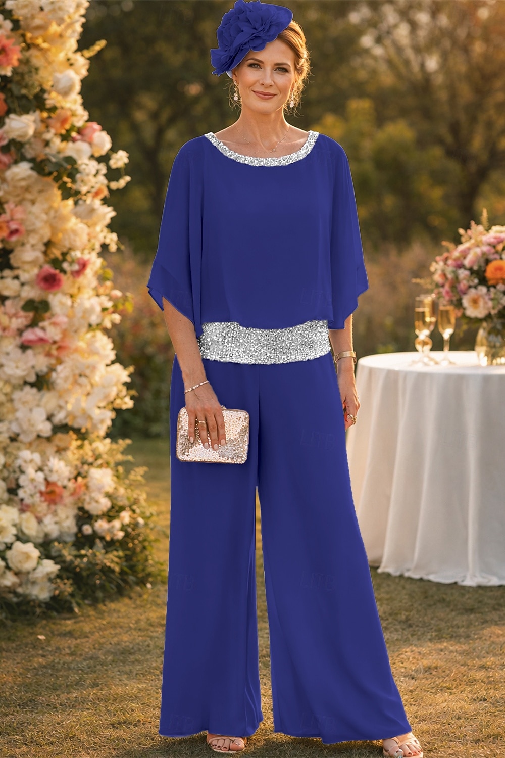 Tvådelad Byxor Golvlång Klänning till brudens mor Halvlång ärm Båthals Elegant Vintage Enkel Bröllopsgäst Helgdag Formell kväll Chiffong med Paljett 2026 - $76.99 –P4