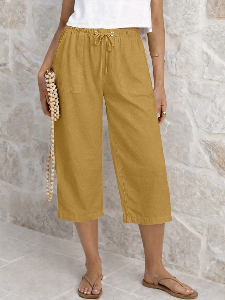 Dam Capribyxor Sommarshorts Beskurna byxor Capri byxor i linne Mode Grundläggande Vadlängd Medium Midja Slät Snörning Ficka Elastisk midja Lättvikt Andningsfunktion Oelastisk Semester Gata Dagliga 2026 - $22.99 –P12