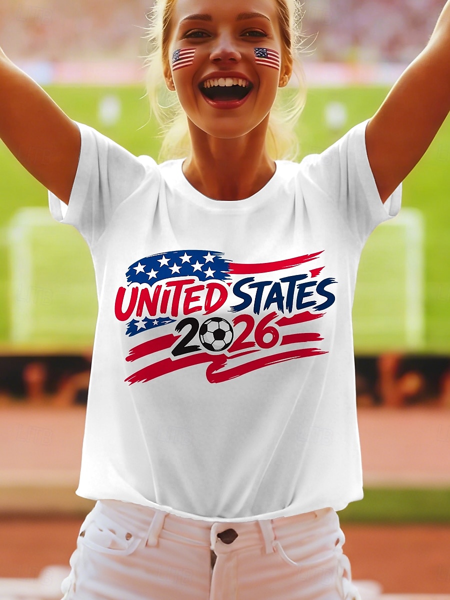 World Soccer Match 2026 Women's T Shirt Print Graphic Letter Stylish Classic Casual Short Sleeve Crew Neck Long Tops Daily Blue White Green Summer Spring 2026 - $21.99 –P1