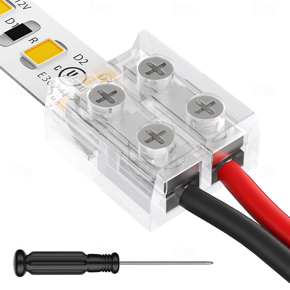 Connecteur LED 2 broches 10 mm sans soudure pour rubans LED transparents, avec tournevis intégré, pour rubans LED monochromes 12 V/24 V, lot de 12. de 2026 ? $16.49 –P1