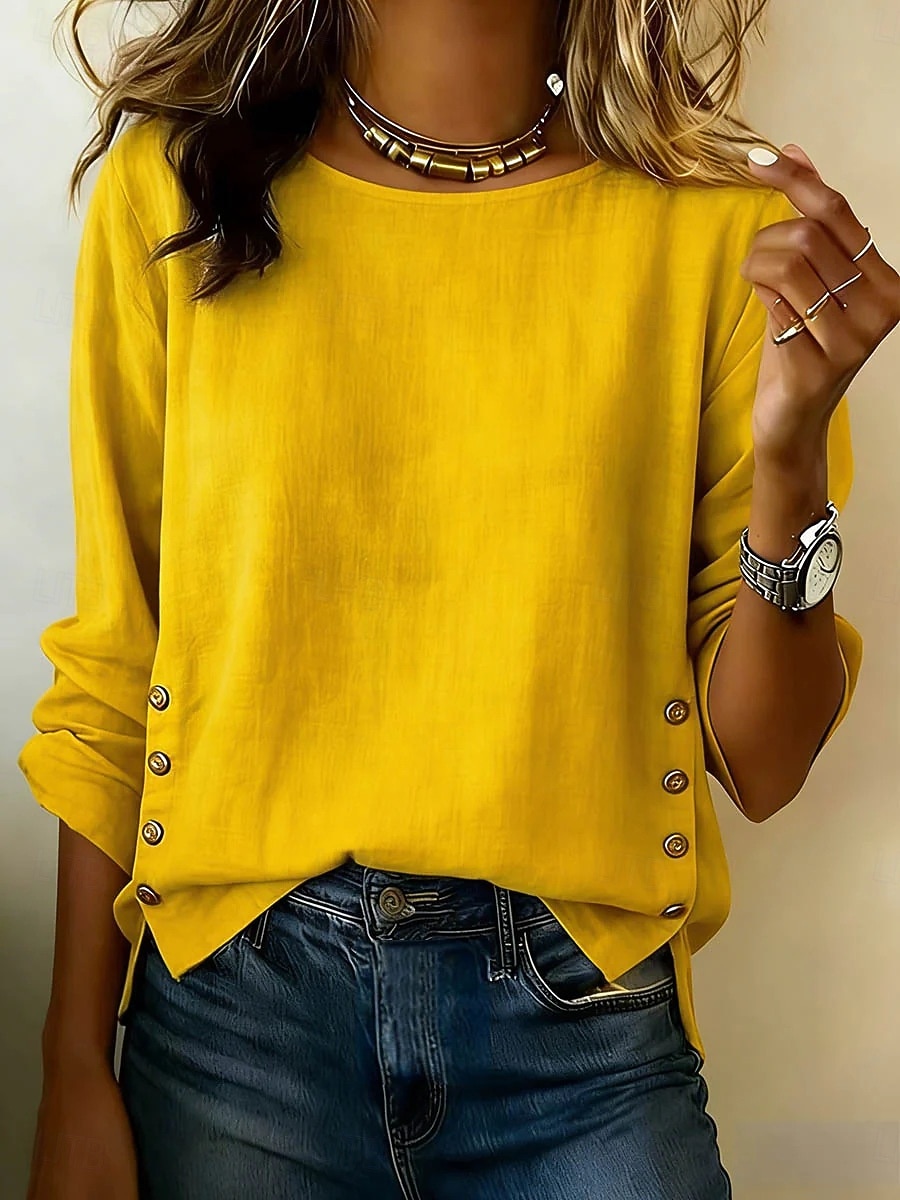 Dames Overhemden met linnenlook Linnen overhemd Blouse Lapwerk Knop Effen Elegant Vakantie Stijlvol Lange mouw Strakke ronde hals Normale tops Dagelijks Feestdagen Uitgaan blauw Zwart Wit Geel 2026 - $10.99 –P1