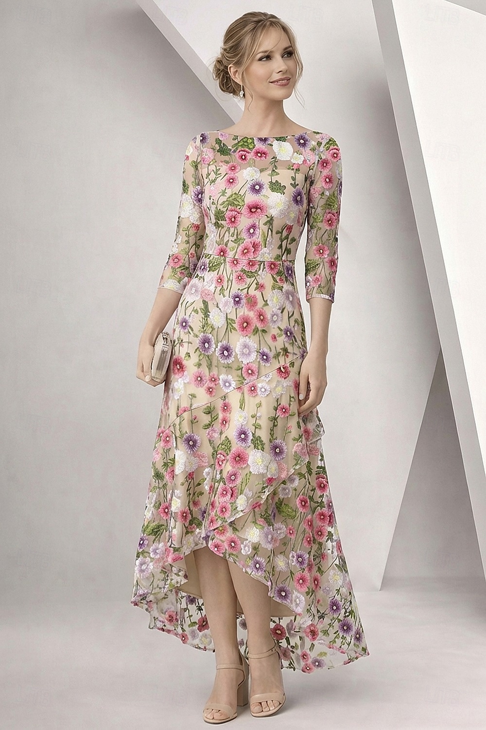 A-Line Dress High-low Dress Ankle Length Cocktail Dress Mother of the Bride Dress 3/4 Length Sleeve Boat Neck Elegant Simple Formal Wedding Guest Semi Formal with Ruffles Embroidery Appliques 2026 - $205.89 –P4
