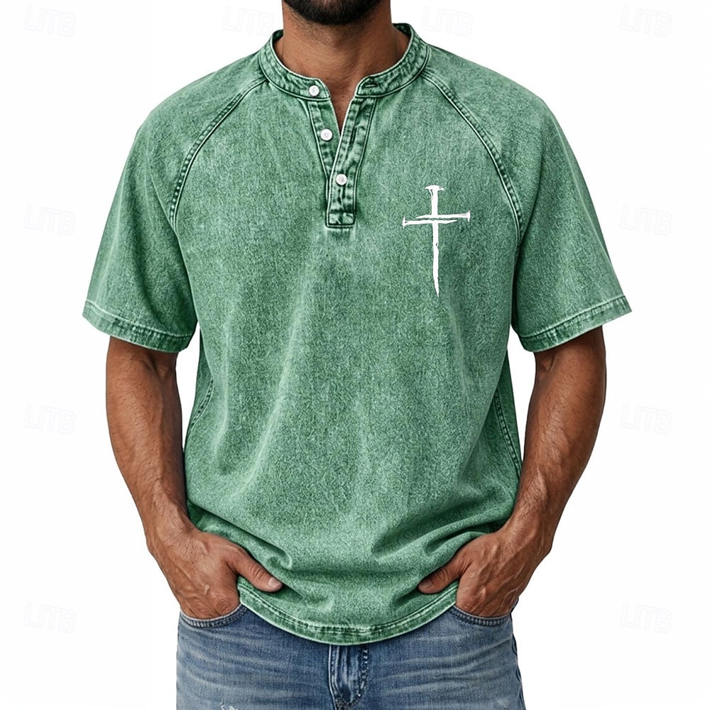 Herren Kreuz Jeans hemden Hemd aus 100 % Baumwolle in Säurewaschung Henley Oberteil Kurzarm Vintage Lässig Betrübt Lässig Heim Straße Frühling & Sommer Herbst Winter Sommer Schwarz Rosa Leicht Grün 2026 - $31.99 –P4