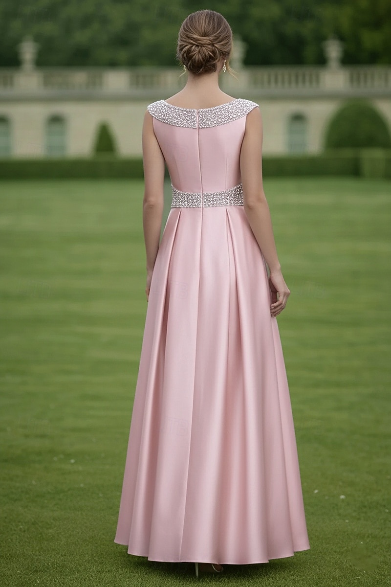 Linea ad A Lunghezza al pavimento Abito da Sera Abito formale Elegante Brillanti Abbellito Senza Maniche Scollo a Barca Matrimonio Formale Raso con Pieghe Cristalli del 2026 a $194.99 –P2
