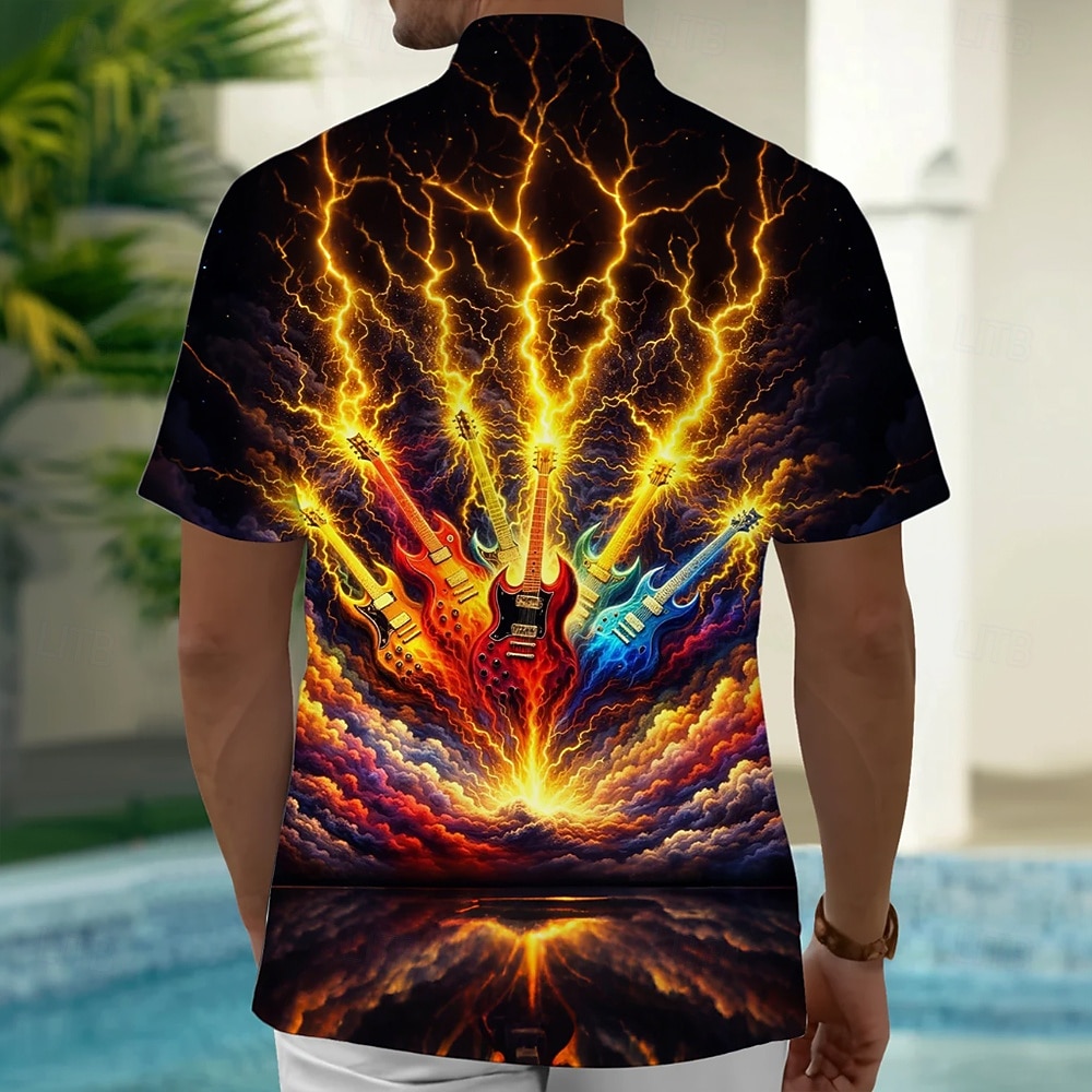 Men's Optical Illusion Lightning Guitar Shirt Summer Shirt Button Up Shirt Short Sleeve Fashion Casual Outdoor Vacation Music Festival Summer Spring Turndown 3D Print Collared Shirts Front One Pocket 2026 - $25.99 –P2
