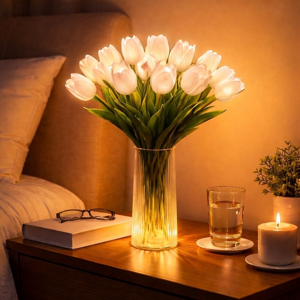 15 ks umělých květin tulipánů s LED světly, kytice tulipánů na dotek, na baterie, vánoční, sváteční, svatební, fotografické, bytové dekorace, kreativní dárky (bez vázy) 2026 - $17.99 –P3