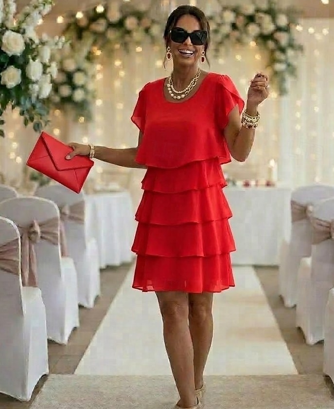 Per donna Mini Abito Abito da Cocktail Abito da invitata a nozze Vestito in Chiffon Abito a Strati Elegante Classico Festa serale Data Uscire Vestibilità regolare Colore Puro Manica Corta Girocollo del 2026 a $34.99 –P3