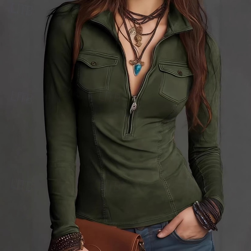Mujer Camisa Blusa Cremallera Plano Clásico Retro Antiguo Moderno Manga Larga Escote Chino Tops regulares Diario Festivos Noche Verde Ejército Marrón claro Marrón Verano Primavera 2026 - $33.99 –P4