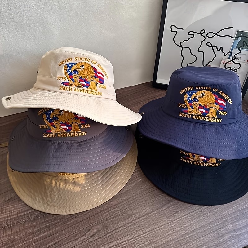 Vyšívaný rybářský klobouk k 250. výročí USA, americký kbelík k 250. výročí, 1776-2026, skládací vlastenecké sluneční klobouky pro muže i ženy, prodyšné a univerzální pro všechna roční období. 2026 - $21.99 –P4