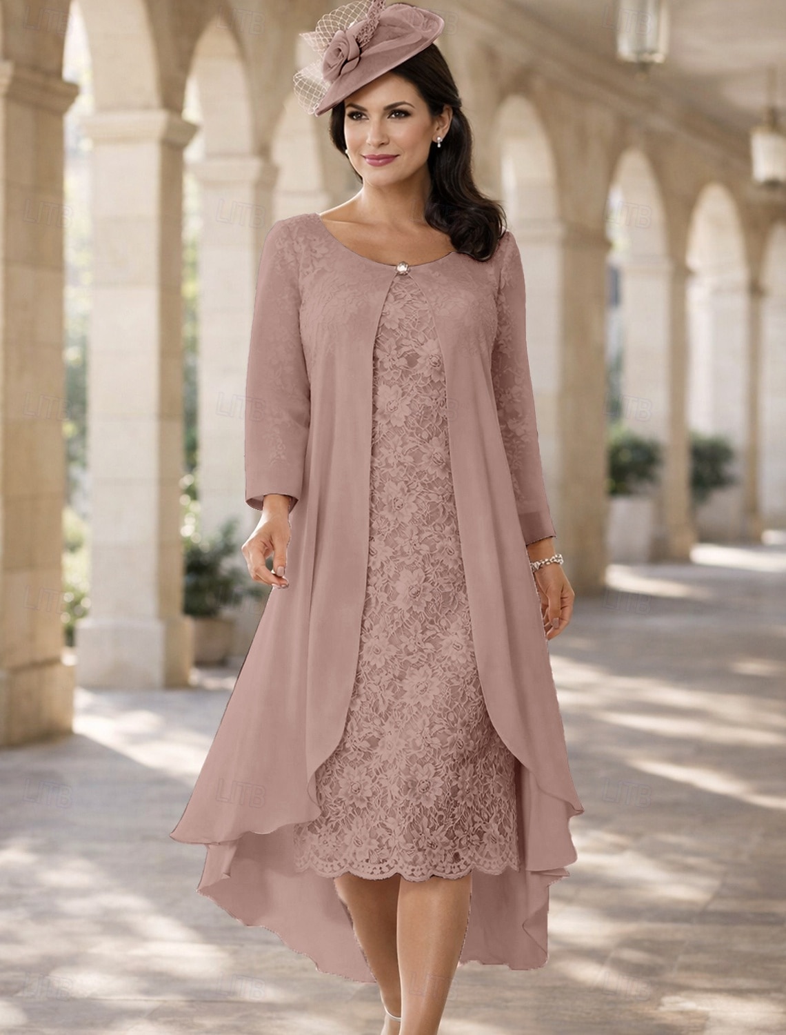 Duas Peças Linha A Longuette Vestido de convidada de casamento Vestido Para Mãe dos Noivos Manga Curta Decorado com Bijuteria Elegante Tamanhos Grandes Convidado do casamento Festa de Casamento de 2026 por $157.99 –P4