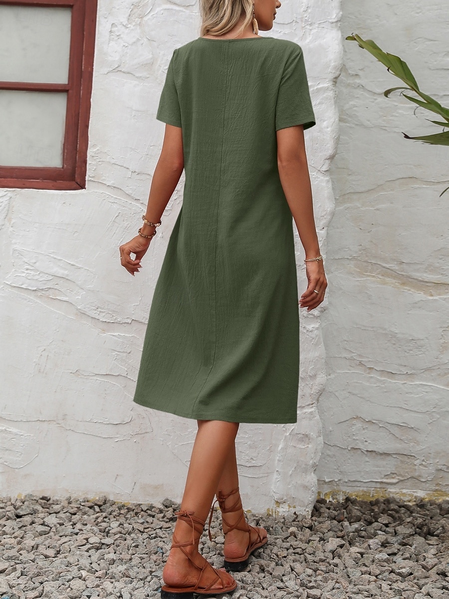 Women's Midi  Faux Cotton Linen  Dress A Line Dress Summer Dress Casual Daily Loose Fit Plain Short Sleeve Crew Neck Black Orange Army Green Apricot Summer 2026 - $28.99 –P13
