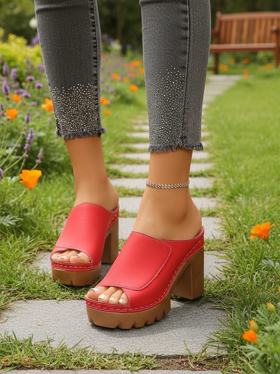 Women's Red Platform Block Heel Mule Sandals – Open Toe Slip-On Sandals with Chunky Sole for Summer Casual Wear, Vacation Travel and Garden Party 2026 - $32.99 –P4
