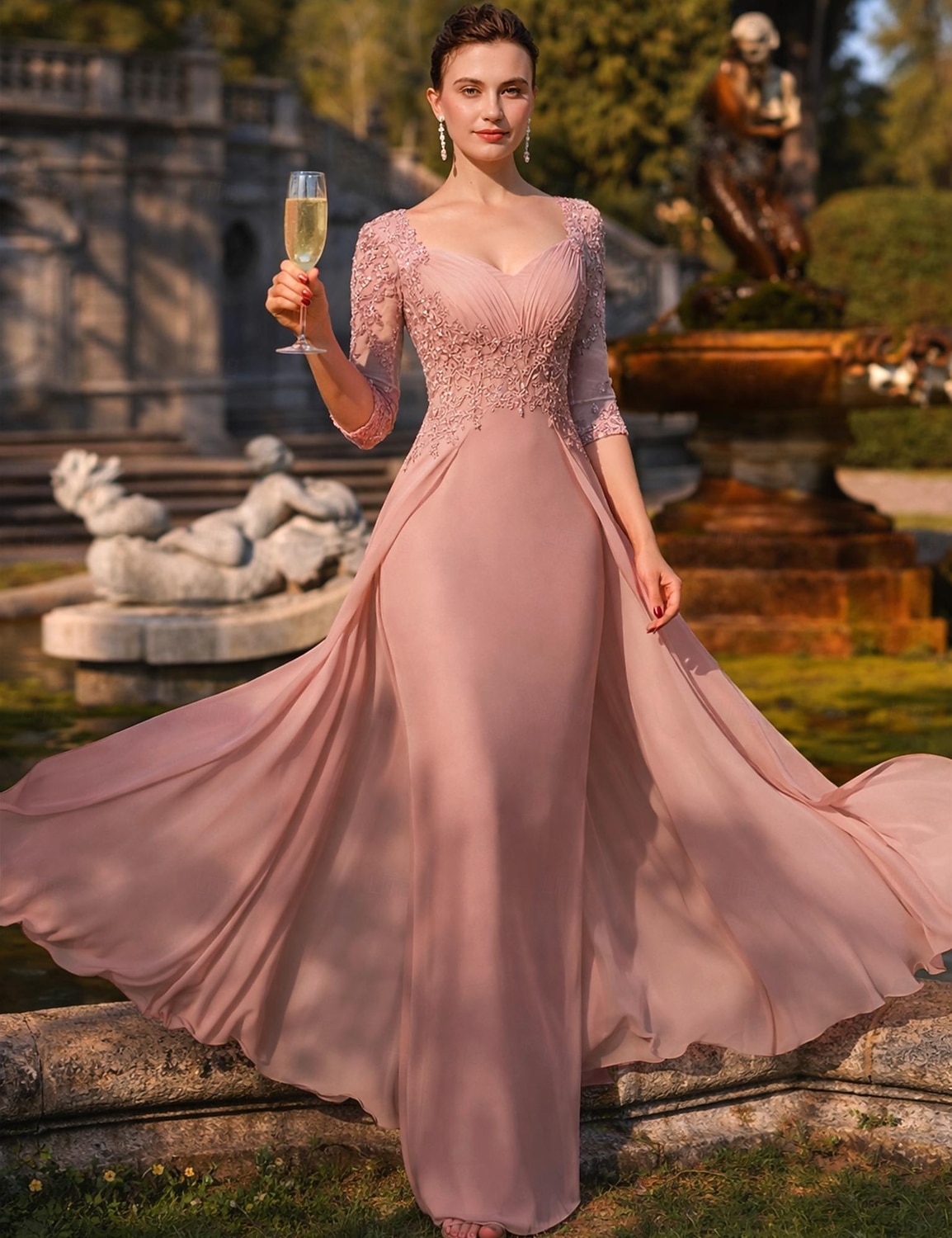 Sheath Column Floor Length Wedding Guest Dress Formal Dresses Evening Gown  Mother of the Bride Dress 3/4 Length Sleeve Square Neck Elegant Party Formal  Wedding Guest Chiffon Lace with Sequin 2026 - $197.99