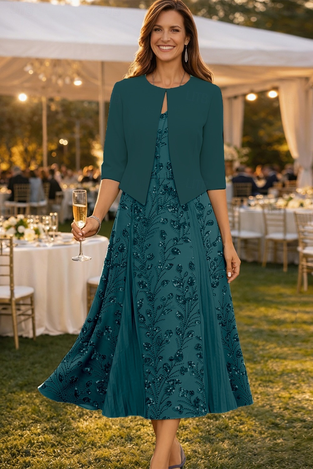 Due Pezzi Linea ad A Lunghezza Tè Abito da invitata a nozze Abito da cerimonia per signora Manica Corta Scollo a V Elegante Semplice Lussuoso Formale Ospite di nozze Chiffon Crêpe con Pizzo Perline del 2026 a $206.99 –P2