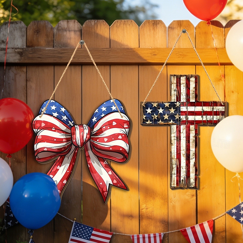 Letrero de madera para puerta conmemorativo del 250.º aniversario de la Independencia de Estados Unidos, estrellas blancas y rojas. &Decoración de la puerta principal con rayas blancas y lazo 2026 - $16.99 –P2
