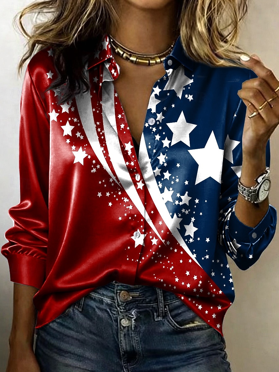 يوم الاستقلال الأمريكي نسائي قميص قميص الساتان زر قميص أسفل قميص غير رسمي طباعة الرسم علم عتيق أنيق كلاسيكي كم طويل قبعة القميص قمصان عادية مناسب للبس اليومي مناسب للعطلات مناسب للخارج 2026 - $28.99 –P1