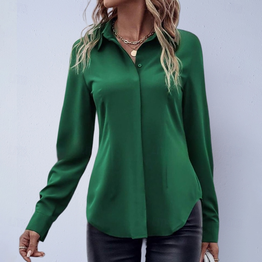 Mulheres Camisa Social Blusa de cetim Saia camisa de botão Côr Sólida Tecido Elegante Moda Casual Manga Longa Aberto para a Lateral Tops regulares Diário Escritório Trabalho Preto Rosa Vermelho Roxo de 2026 por $24.99 –P2