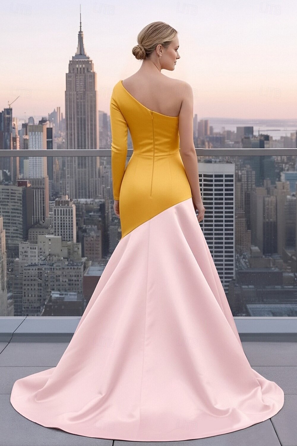 A-Linie Dlouhá vlečka Šaty pro svatební hosty Formální šaty Večerní šaty Šaty Elegantní Dlouhý rukáv Jedno rameno Maturitní ples Formální Satén s Barevné bloky 2026 - $153.99 –P2