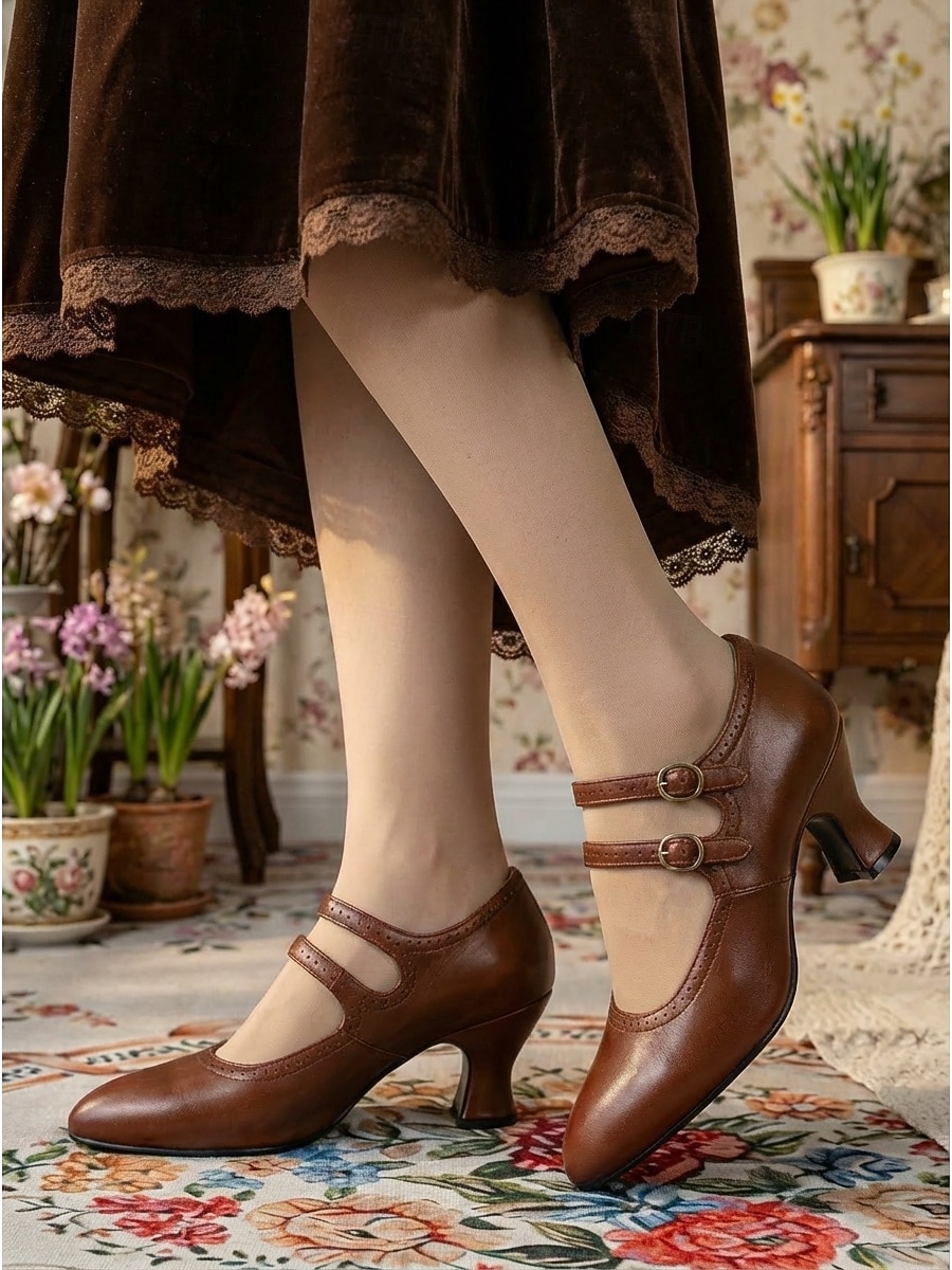 Pantofi cu toc Mary Jane verzi, în stil victorian vintage pentru femei - pantofi eleganți cu toc dublu și barete mici &detalii brogue pentru petreceri cu ceai, evenimente retro &ocazii formale 2026 - $54.99 –P4