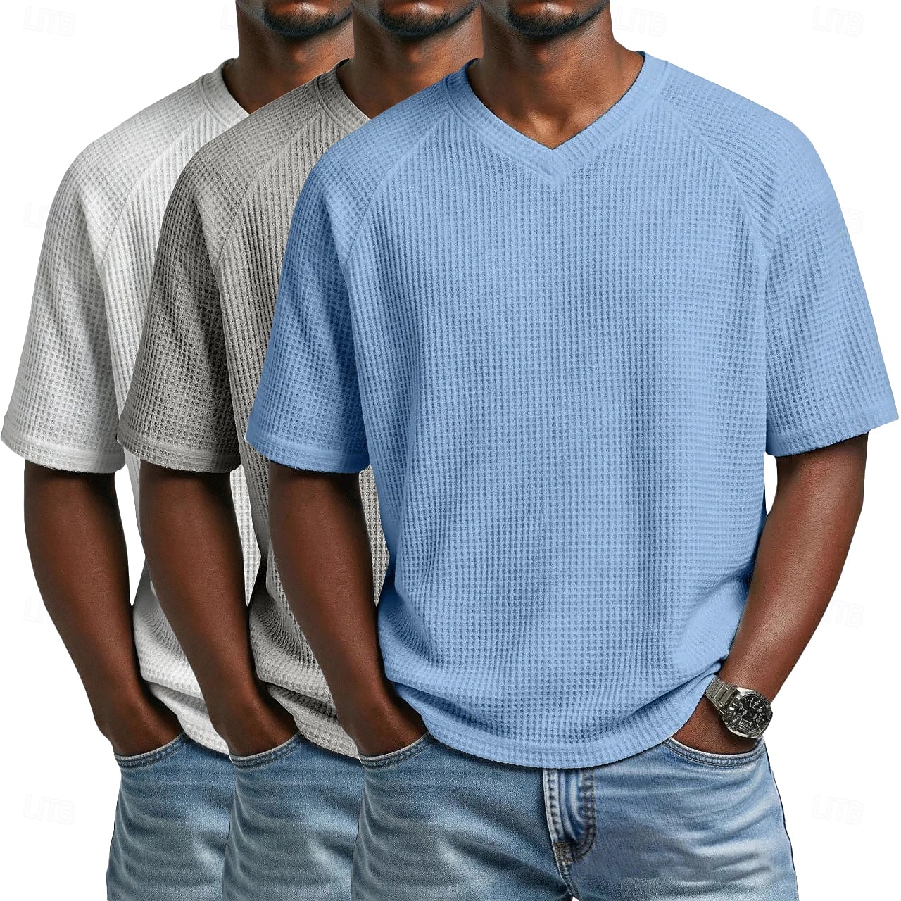 3 pezzi t-shirt da uomo waffle maglietta a maniche corte scollo a V estate tinta unita testurizzata alla moda designer casual multipack maniche raglan casual quotidiano esterno blu bianco maglietta del 2026 a $51.99 –P11