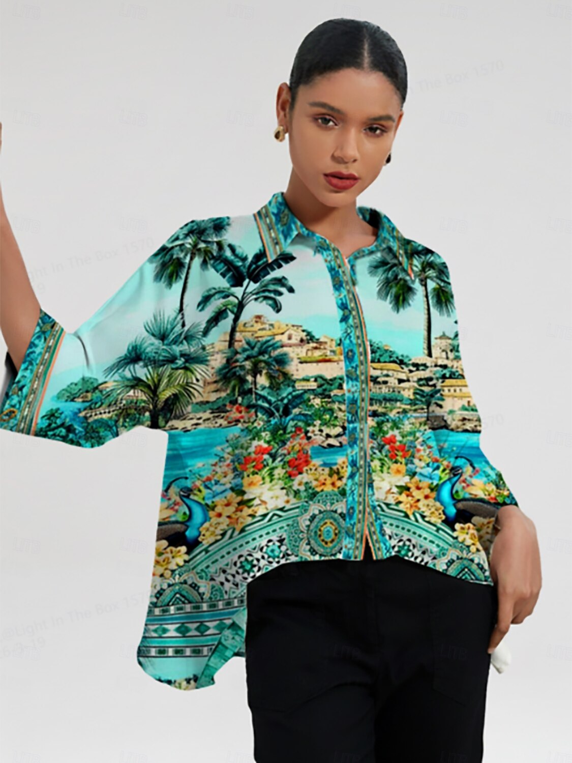 Isole Baleari, top blu in raso setoso con maniche a pipistrello del 2026 a $67.99 –P1