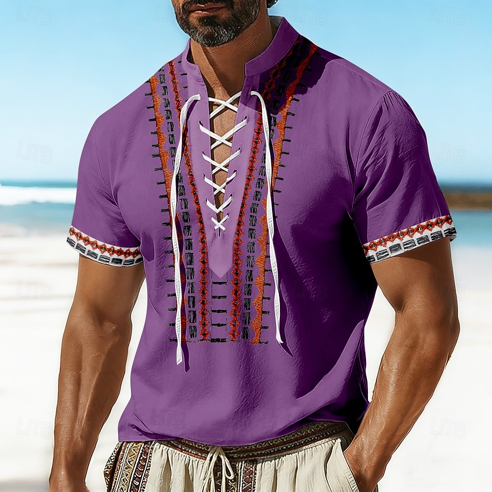 Męskie Wzór geometryczny Etnické Koszula Koszula piracka z sznurowaniem Koszule typu pullover Krótkie rękawy Vintage Retro Codzienne wakacje na plaży Lato Wiosna Kołnierz stawiany Druk 3D 2026 - $25.99 –P4