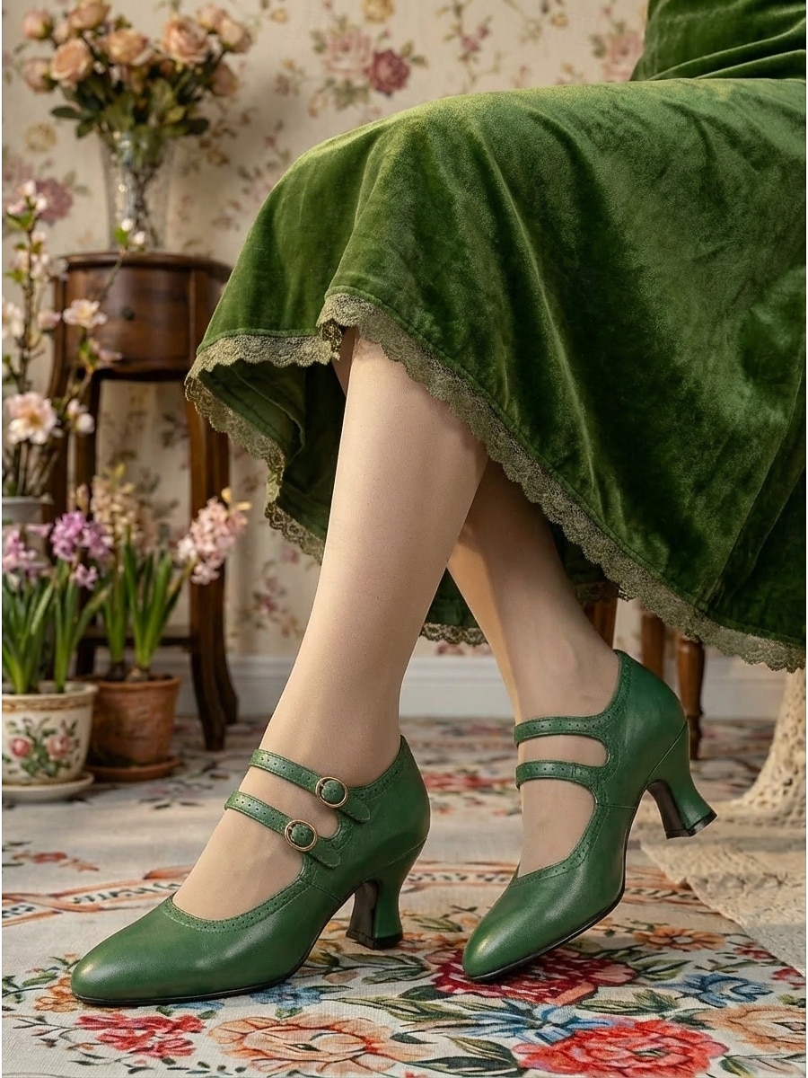 Pantofi cu toc Mary Jane verzi, în stil victorian vintage pentru femei - pantofi eleganți cu toc dublu și barete mici &detalii brogue pentru petreceri cu ceai, evenimente retro &ocazii formale 2026 - $54.99 –P2