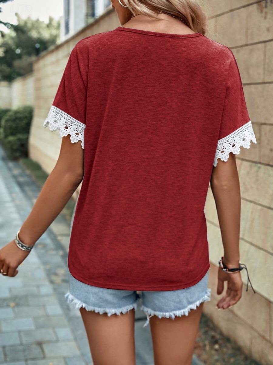 Women's Shirt Blouse Lace Tops Patchwork Solid Color Stylish Classic Modern Short Sleeve V Neck Regular Tops Daily Holiday Going out Blue Black Wine Orange Gray Summer Spring 2026 - $19.99 –P5