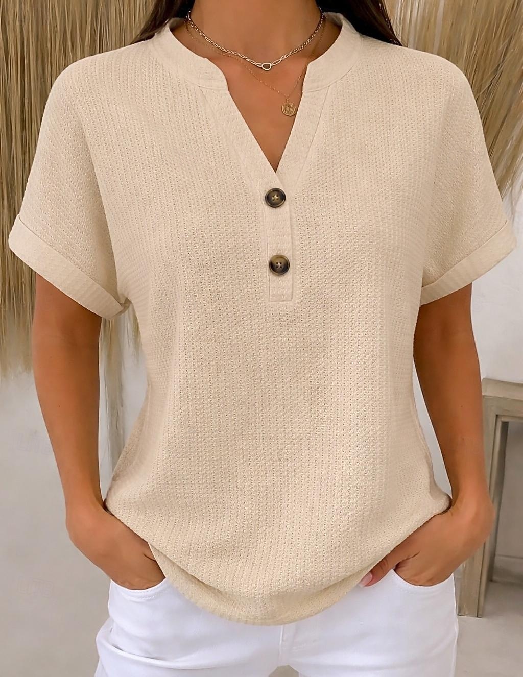 Femmes Tee-shirt Gaufre T-shirt Boutons Devant Manchette roulée Élégant Occasionnel Manche Courte Col en V Hauts Réguliers Quotidien Sortir Vêtements de vacances Blanche Kaki Été Printemps de 2026 ? $21.99 –P3
