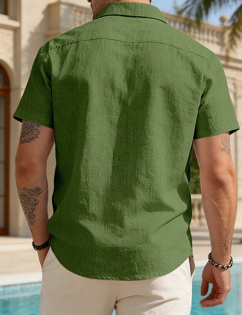 Hombre Camisa Camisa de lino Abotonar la camisa Plano Vacaciones Calle Negro Blanco Caqui Gris Oscuro Manga Corta Cuello Camisero Verano Primavera Ropa Bolsillo 2026 - $25.99 –P10