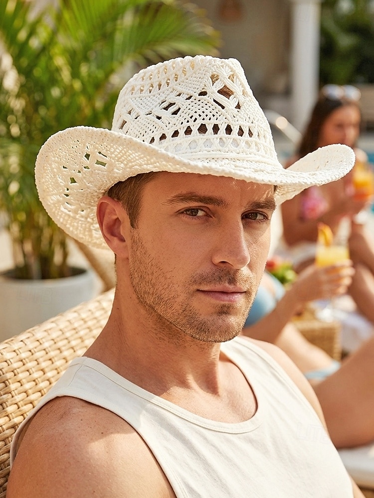 Ανδρικό ψάθινο καουμπόικο καπέλο western σε πολλά χρώματα, υφαντό καλοκαιρινό καπέλο ηλίου για διακοπές στην παραλία, ρούχα western στυλ, ρούχα σε θέρετρα και καλοκαιρινά πάρτι 2026 - $42.99 –P2