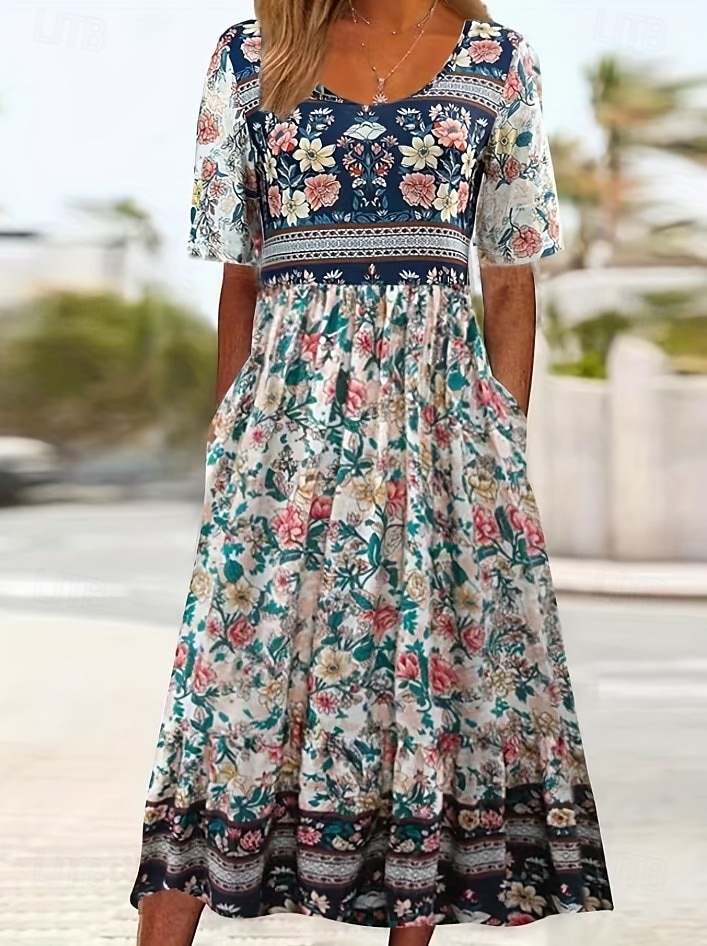 Damen Midikleid Sommerkleid Urlaub Lässig Boho Täglich Strand Normale Passform Blumen Halbarm Rundhalsausschnitt Blau Rote Dunkelblau Beige Sommer Frühling 2026 - $32.99 –P9