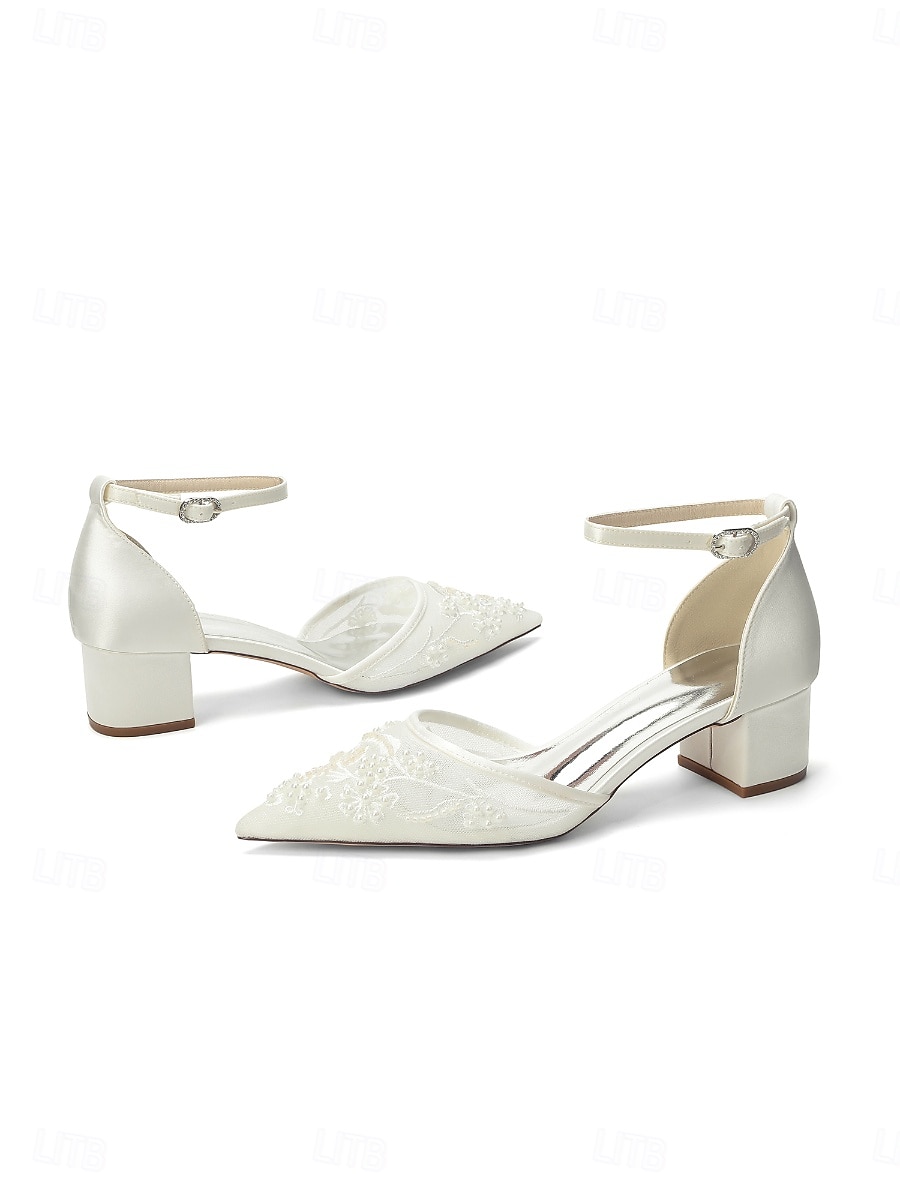 Zapatos de tacón de bloque azul marino para mujer con bordado de encaje y detalles de cuentas, elegantes zapatos para la madre de la novia para bodas en la ciudad, zapatos de tacón de punta para 2026 - $64.99 –P3