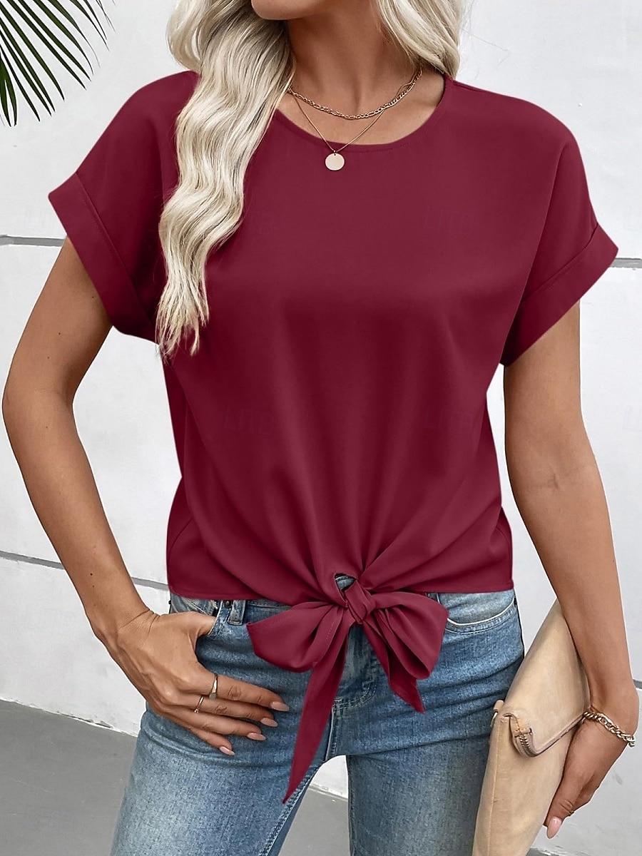 Femmes T-shirt Nœud Uni Mode Élégant Classique Manche Courte Col ras du cou Hauts Réguliers Quotidien Sortir Week-end Noir Blanche Vin Marron Beige Été Printemps de 2026 ? $24.99 –P7