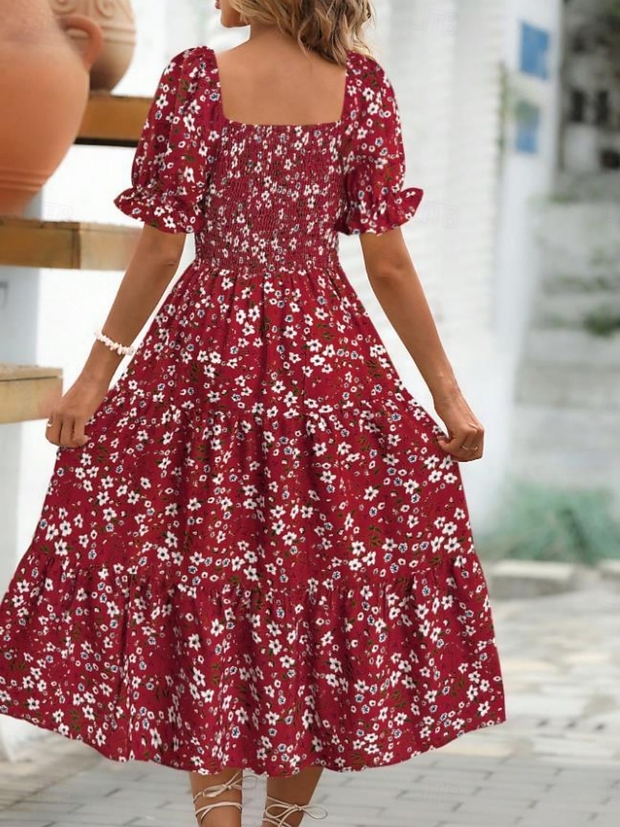 Women's Midi Dress Casual Dress Floral Dress Elegant Fashion Modern Outdoor Vacation Going out Regular Fit Floral Short Sleeve Square Neck Blue Black White Pink Summer Spring 2026 - $25.99 –P5