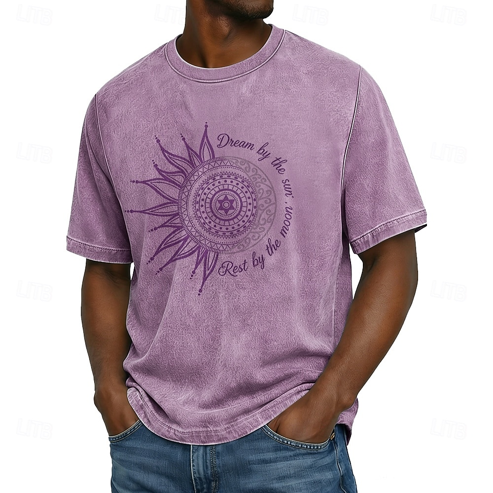 T-shirt da uomo "dream by the sun rest by the moon" con mandala sole e luna, stile boho celeste, lavaggio acido, stile streetwear vintage, grafica, manica corta, girocollo, casual, abbigliamento del 2026 a $21.99 –P2
