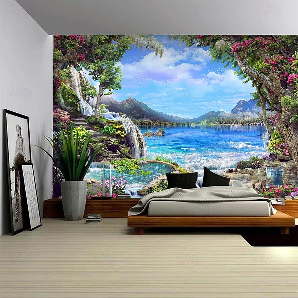 Tapiz de pared 3D realista con paisaje natural, cascada y lago azul, bosque de ensueño, montaña y flores. Tapiz colgante para sala de estar, dormitorio, residencia estudiantil, hogar y oficina. 2026 - $45.99 –P3