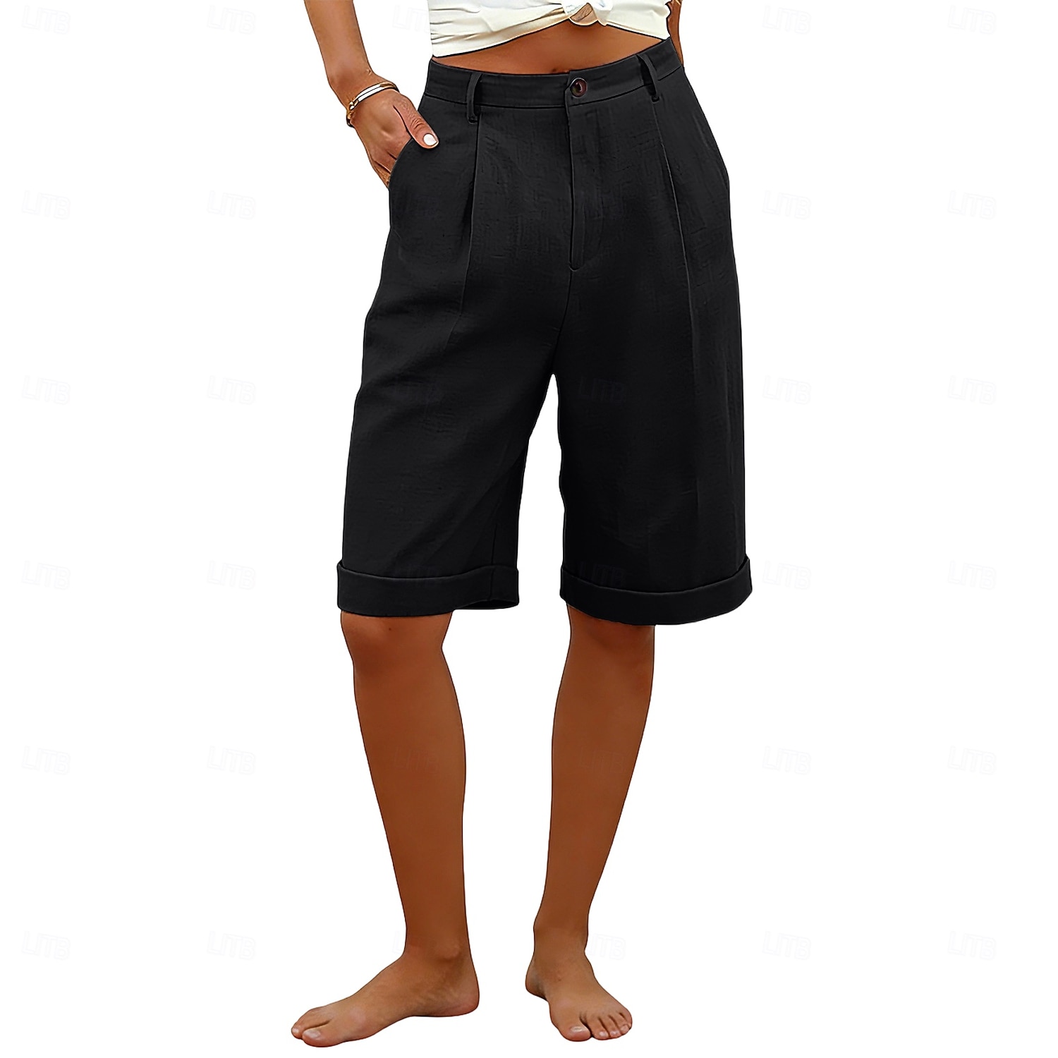 Dame Capri-bukser Shorts Lin Shorts Dress Shorts Ferie Mote Grunnleggende Knelengde Middels midje عادي Lomme Elastisk midje Rett ben Lettvekt Bekvem Pustende Uelastisk Daglig Gate Ferie Svart Hvit 2026 - $22.99 –P8