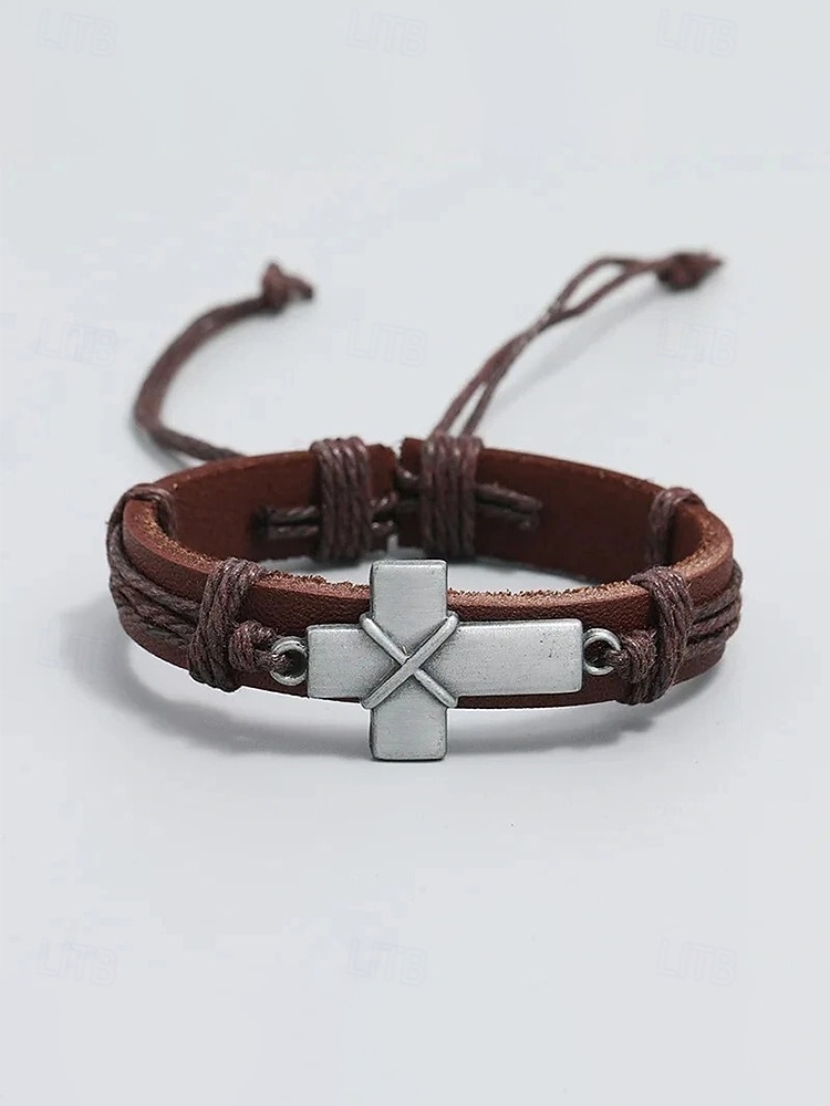 Herrarmband med bohemiskt kors i läder, äkta läder och legering, vintage-stil, justerbar längd, svart och brunt, perfekt för utomhusresor, vardagsbruk och fritidsbruk 2026 - $7.99 –P8