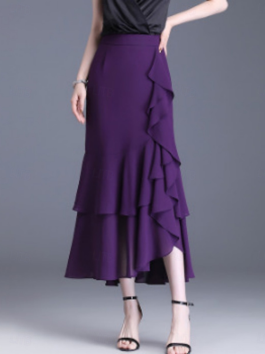 Mujer Falda de vacaciones Elegante Moda Casual Midi Alta cintura Faldas Plano Rizado Microelástico Diario Calle Negro Rojo Morado Café Verano 2026 - $43.99 –P6