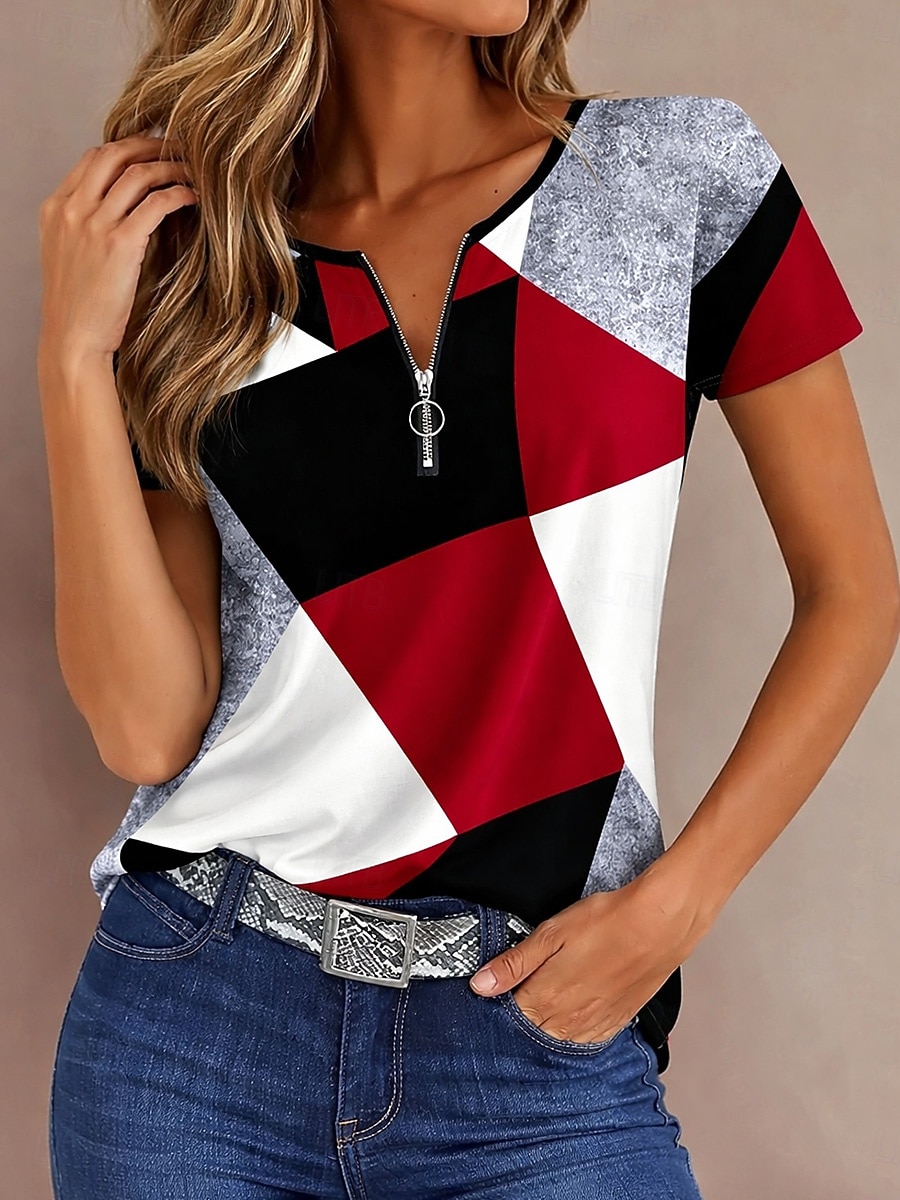 Dámské Tričko Zip Čtvrtletní zip Grafika Geometrický Abstraktní Vinobraní Tropický vzhled Havajské Krátký rukáv Tričkový Běžné topy Svatba na pláži Denní Sport Vodní modrá Černá Světlá růžov 2026 - $9.49 –P4