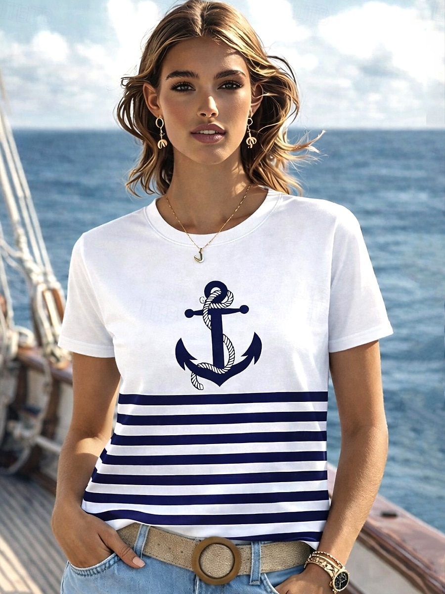 Per donna Maglietta Stampato Grafico Geometrico Oceano Vintage Moda Elegante Manica Corta Girocollo Top Regolari Quotidiano Blu Estate Primavera del 2026 a $21.99 –P1