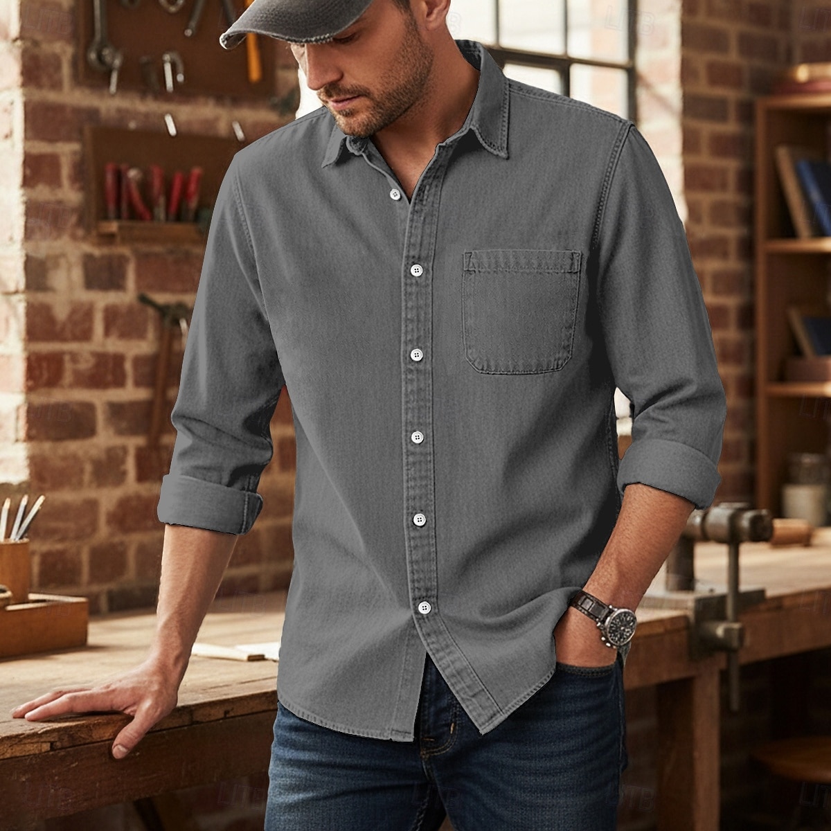 Per uomo Camicia Camicia casual Camicia con Bottoni Camicia cargo Camicia lavata con acido Nero Verde chiaro Vino Blu Viola Manica Lunga Semplice Bavero Casuale Quotidiano Puro Abbigliamento Vintage del 2026 a $31.99 –P6